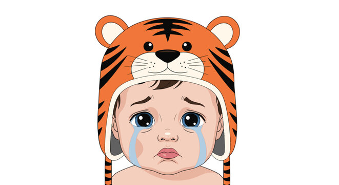 Close up portrait of a crying baby with big blue eyes and tears wearing a striped tiger hat with ears.