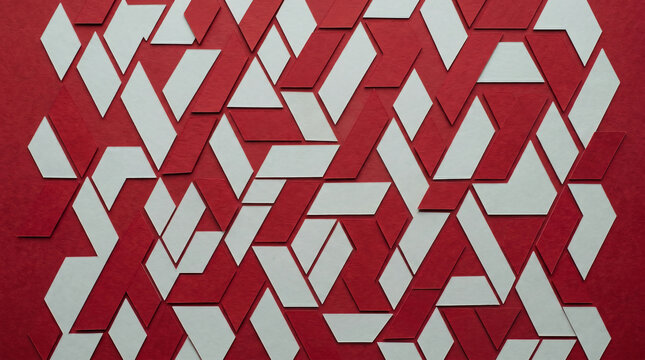 Interlocking stack of red and pale grey parallelogram shapes across deep red backdrop with subtle paper grain