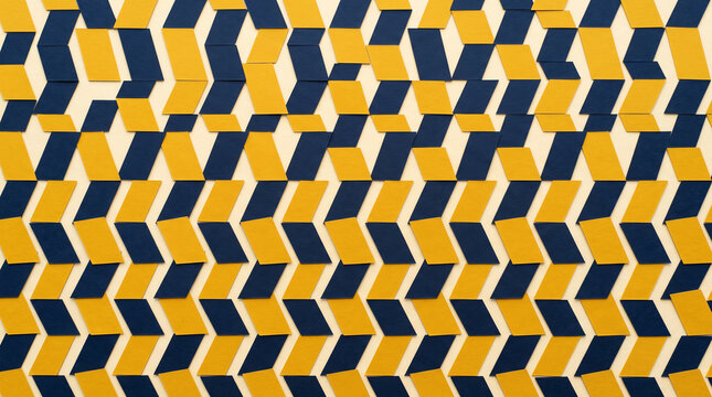 Interlocking stack of navy and mustard yellow parallelogram shapes across warm cream backdrop with paper grain