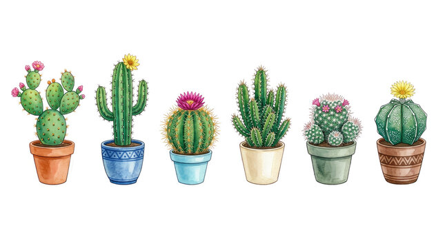 Watercolor potted cacti set with six varieties in colorful pots, isolated on transparent background, ready for stickers, T-shirts, and print on demand.