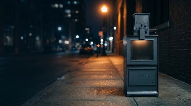 Empty newspaper vending machine on a dark urban sidewalk at night