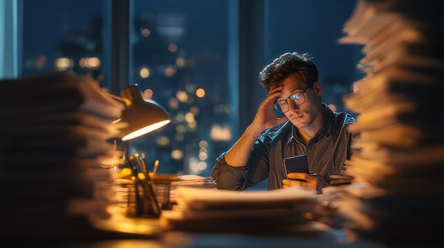 Individual reviewing documents while checking their phone. Businessman or accountant working late in an office, Hectic, stressful person focused on a screen, possibly reviewing information. 