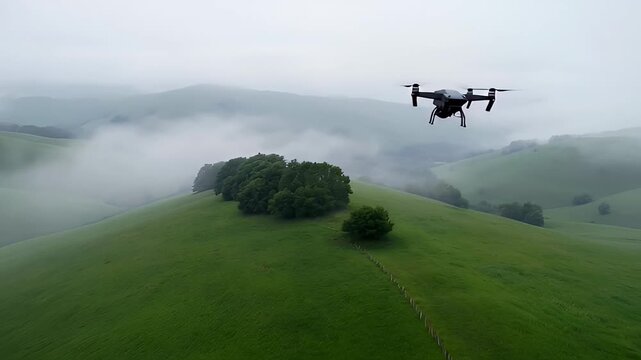 Drone over misty rolling green hills with cloud veils aerial landscape