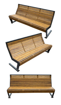 Park bench with wooden planks isolated. Multi-angle photo of the bench on transparent background