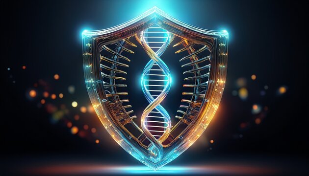 abstract dna strand forming the shape of a glowing shield