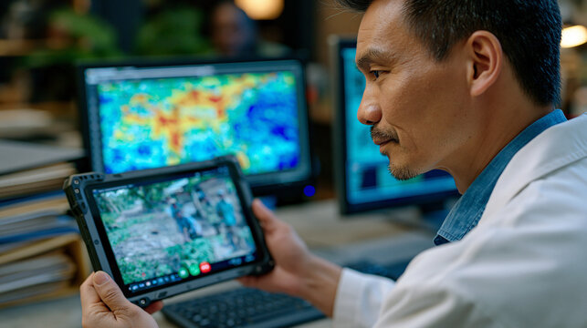 Over the shoulder view of an epidemiologist video-calling rural health workers on a ruggedized tablet, outbreak heat map glowing on a second screen, stacks of case-file binders framing the workspace