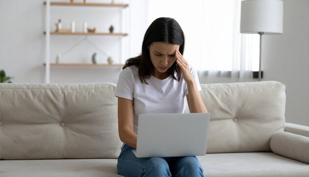 Woman with troubled expression, hand on forehead, looking at laptop on a sofa in a living room