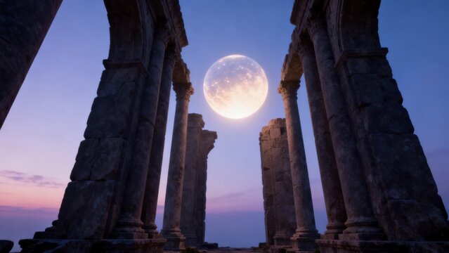 Ancient stone ruins under full moon