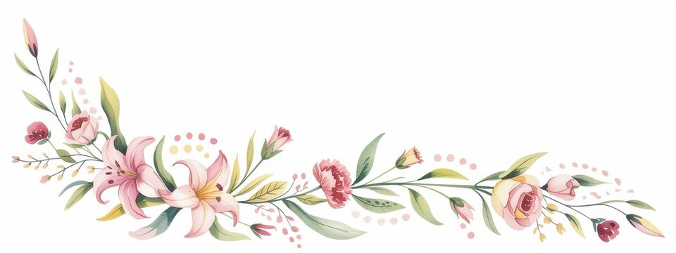 Arching watercolor floral border with pink lilies and roses isolated on white background