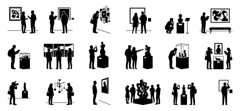 Gallery museum visitors observing art and sculpture exhibits | People silhouettes in modern cultural exhibition space | Black and white vector set