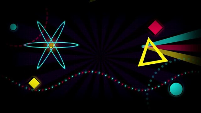 Abstract geometric shapes and atom graphic on dark background