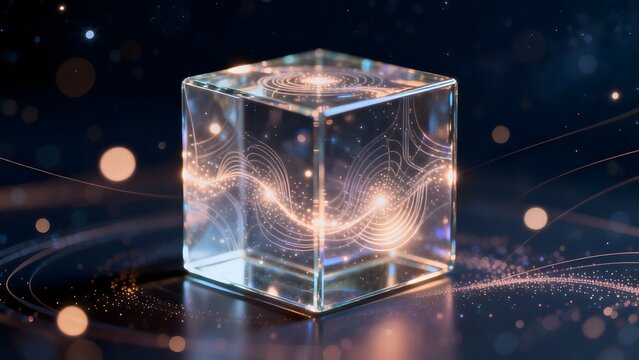 Glass cube with glowing wave patterns