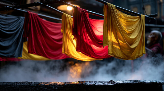 Textile dyehouse with bolts of crimson and mustard fabric hanging to dry from ceiling rails, elderly dyer checking color against a reference swatch, steam swirling below, perfect for fabric producti