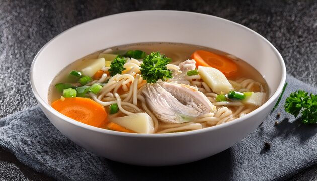 fresh chicken soup with vegetables and noodles in white bowl best remedy against cold and flu