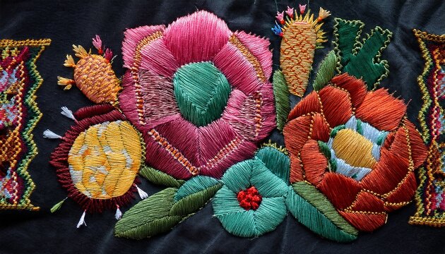 close up fabric texture with embroidered mexican cactus flowers and geometric pattern