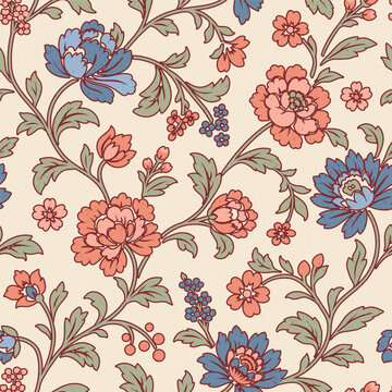 Decorative chintz-inspired floral design, stylized Jacobean flowers, leaves. Seamless vector pattern, hand-drawn aesthetic evokes classic textile prints, ideal for wallpaper, fabric, art projects.