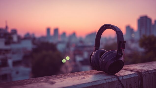 Headphones on a Rooftop Overlooking a City Skyline at Sunset.