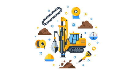 Naklejka premium Flat Vector Illustration of Mining and Construction Equipment Icons Set including Excavator, Drilling Rig, and Safety Gear