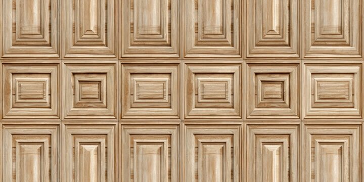 Textured Wood Paneling with Geometric Square Recesses and Vertical Grain.