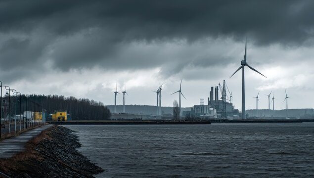 Wind Turbines and Industrial Factory Under Stormy Skies.