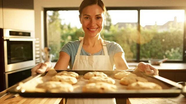 smiling woman baker shows freshly baked cookies on a baking sheet in her sunlit kitchen