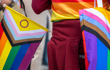 Fototapeta premium People celebrate LGBTQ pride with flags and colorful clothing in a public event at a city street