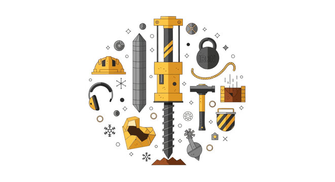 Industrial Mining and Construction Equipment Vector Set with Jackhammer, Hard Hat, and Tools for Engineering, Resource Extraction, and Heavy Industry