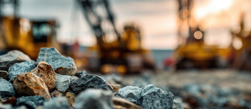 Pile of Rocks and Construction Equipment at Sunset.