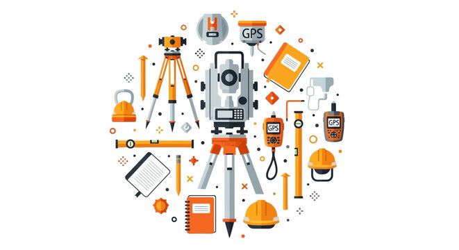 Surveying Equipment Icons and Tools Illustration for Engineering and Topography featuring Total Station, GPS, Tripod, and Level