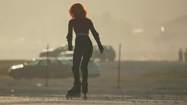 Silhouette of a woman rollerblading at sunset
