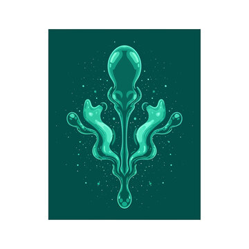 Symmetrical bioluminescent green fluid splash on dark background