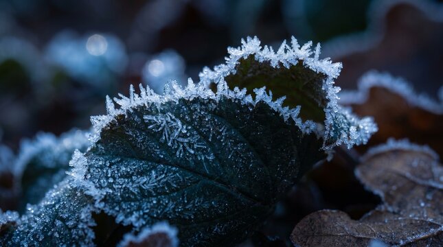 Frosty leaves in a winter scene with ice crystals on dark green foliage