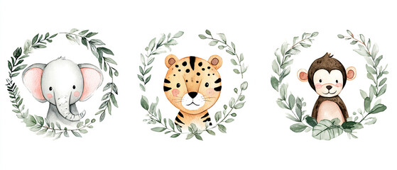 Naklejka premium Cute watercolor safari animals. Jungle nursery wreaths set. Boho baby foliage frames.