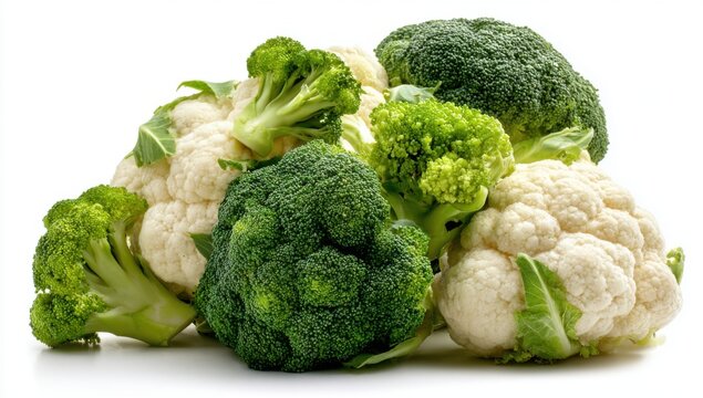 Fresh Broccoli and Cauliflower Florets Pile Isolated on White Background.