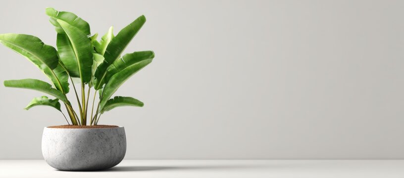 A vibrant green potted plant sits on a minimalist surface against a neutral background.