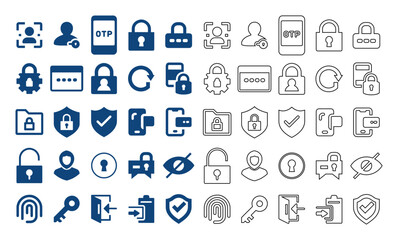 Fototapeta premium Cyber security and data protection flat line vector icon set featuring privacy shields, digital locks, and biometric verification symbols.