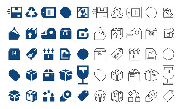 Delivery and logistics flat line vector icon set featuring shipping boxes, packaging labels, warehouse handling, and freight transportation symbols.