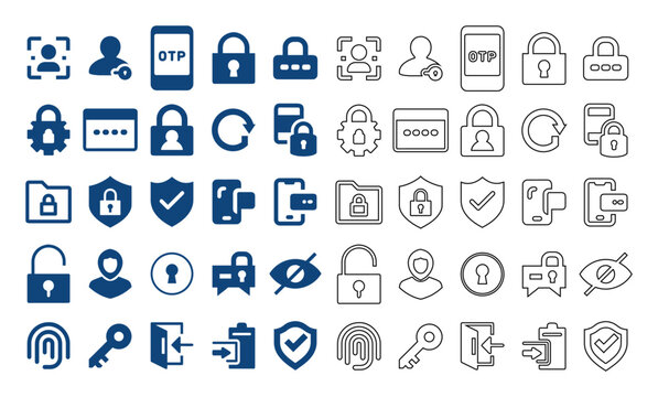 Cyber security and data protection flat line vector icon set featuring privacy shields, digital locks, and biometric verification symbols.
