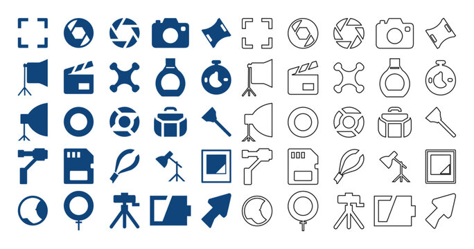Photography and studio equipment flat line vector collection featuring professional camera gear, video production tools, and lighting icons.