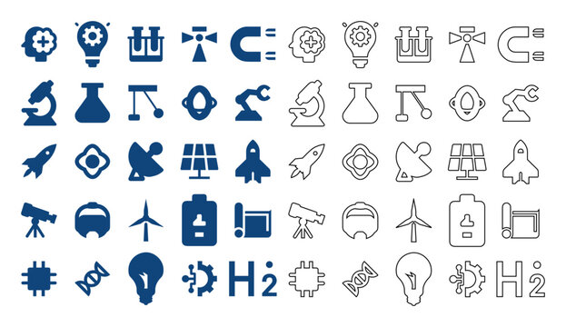 Science and technology flat line vector icon set featuring physics, chemistry, laboratory equipment, and space exploration symbols.