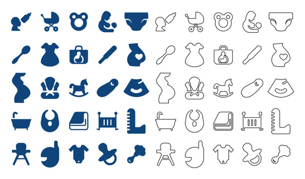 Flat and line style vector collection of baby care and pregnancy icon set featuring strollers, feeding bottles, and maternity elements.