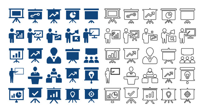 Flat and line style vector collection of business presentation and training icon set featuring screens, charts, speakers, and seminar seminars.