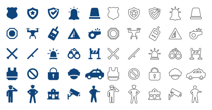 Flat and line style vector collection of police and security icon set featuring badges, shields, sirens, and law enforcement equipment.