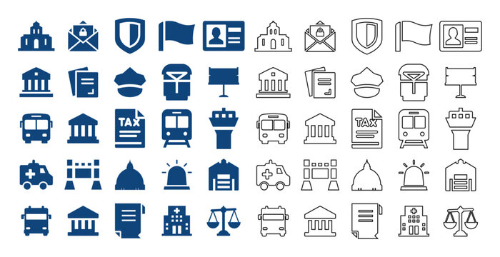 Flat and line style vector collection of government icon set featuring capitol buildings, law scales, taxes, and public services.