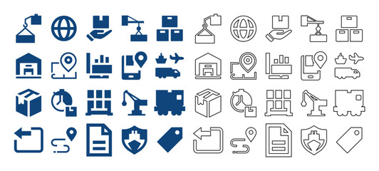 Fototapeta premium Flat and outline vector collection of logistics, warehouse storage, and delivery service icon set.