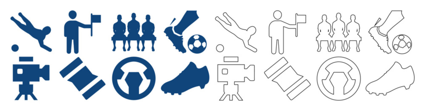 Soccer and football sport line icon set for flat web design and championship graphics.