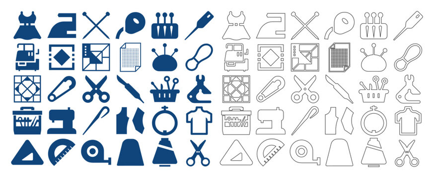 Sewing and quilting line icon set for flat web design and tailoring craft projects.
