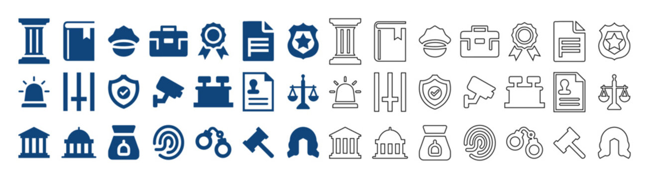 Flat and line web icon set featuring law, justice, legal, and police vector collection.