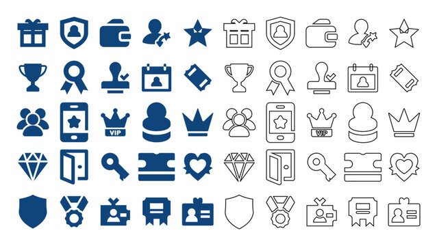 Flat and outline vector collection of loyalty rewards, VIP membership, and corporate bonus icon set.