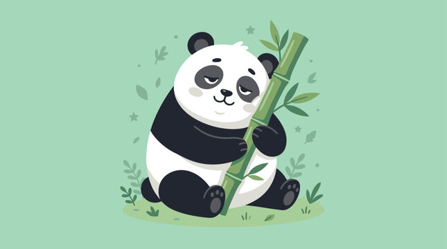Cute Panda Hugging Bamboo Stalk Flat Vector Illustration for Kids